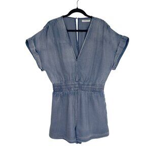 Mustard Seed Romper Short  Womens Denim-Look Elastic Waist V-Neck Pockets Size M